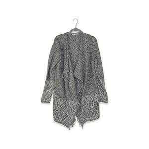 Gentle Fawn Gray Open Front Fringe Knit Cardigan with Geometric Pattern Detail